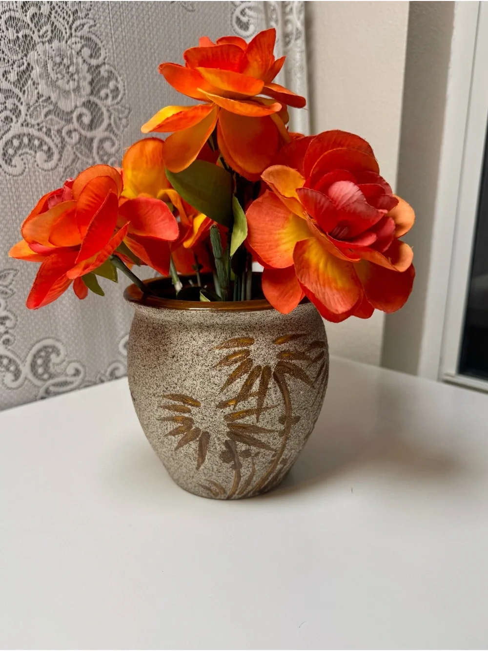 Brown Ceramic Vase - Flowers Not Included. Used for size reference. 5” tall